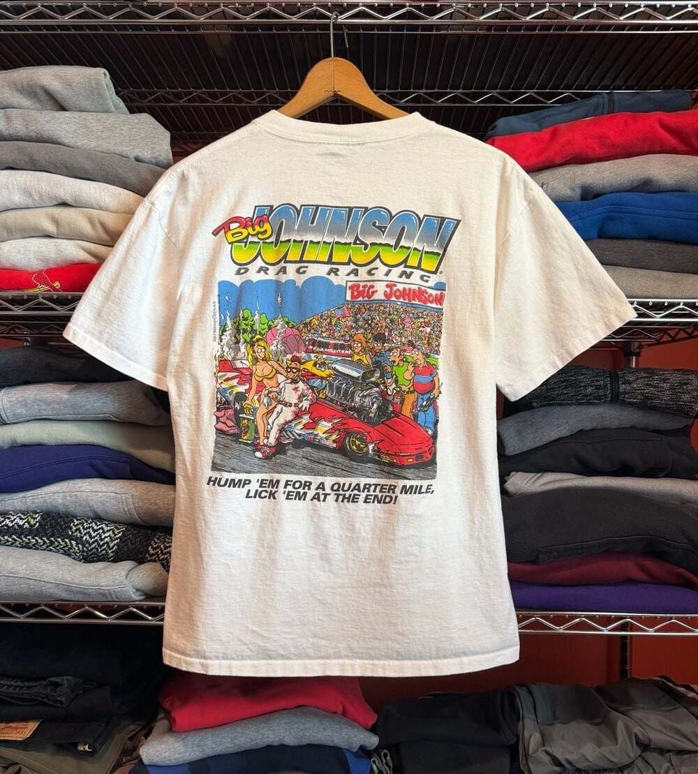 Vintage 1990s Big Johnson Drag Racing Rubber Burnin Performance T-Shirt Size L